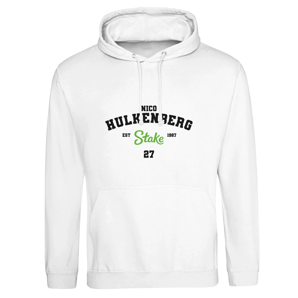 f111 merch arctic-white color hoodie with hulkenberg branding.