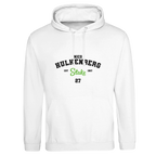 f111 merch arctic-white color hoodie with hulkenberg branding.