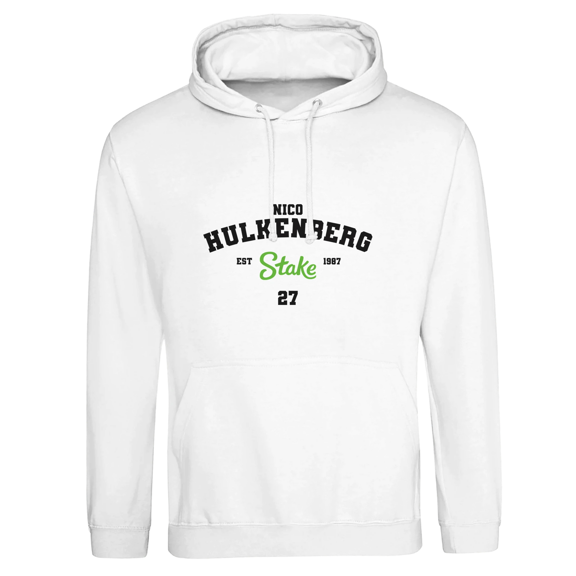 f111 merch arctic-white color hoodie with hulkenberg branding.