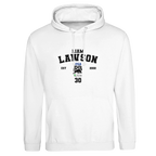 f111 merch arctic-white color hoodie with lawson branding.