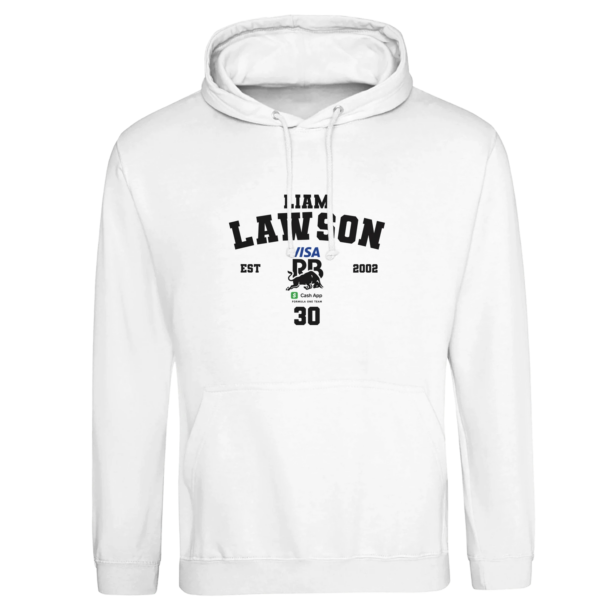 f111 merch arctic-white color hoodie with lawson branding.