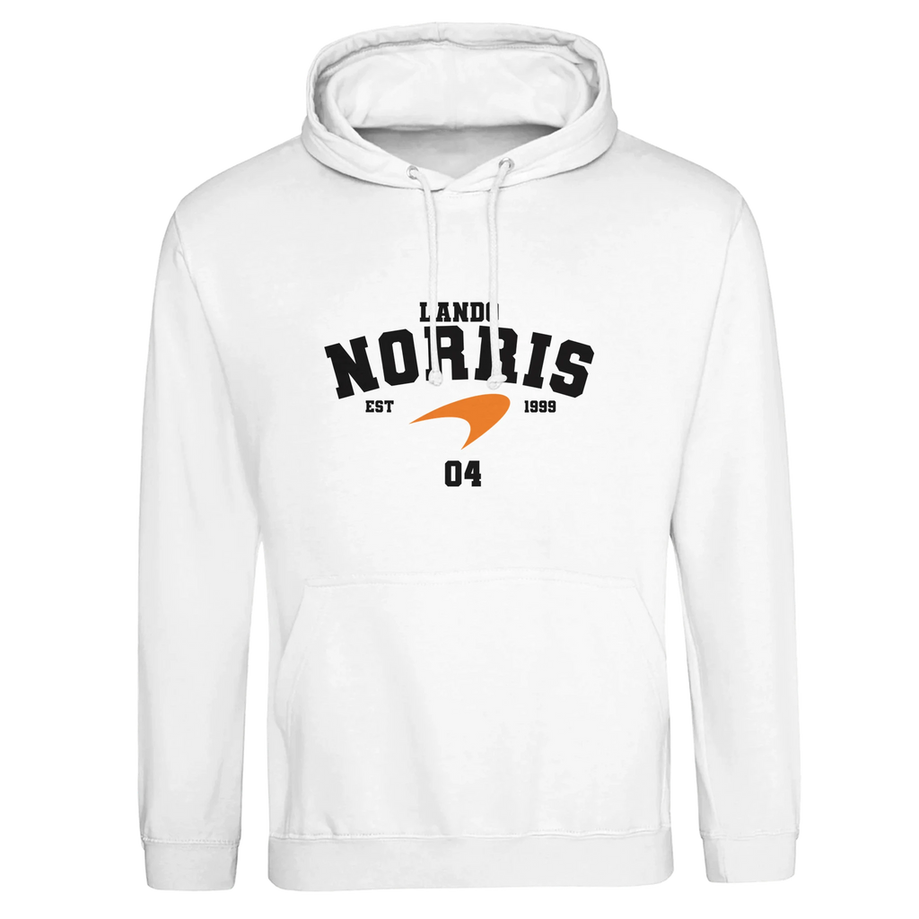 f111 merch arctic-white color hoodie with norris branding.