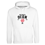 f111 merch arctic-white color hoodie with ocon branding.