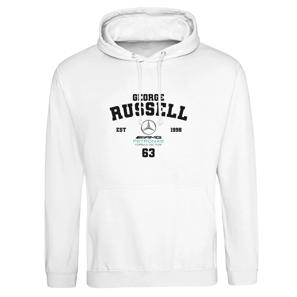 f111 merch arctic-white color hoodie with russell branding.