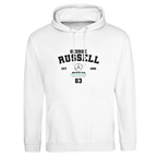f111 merch arctic-white color hoodie with russell branding.