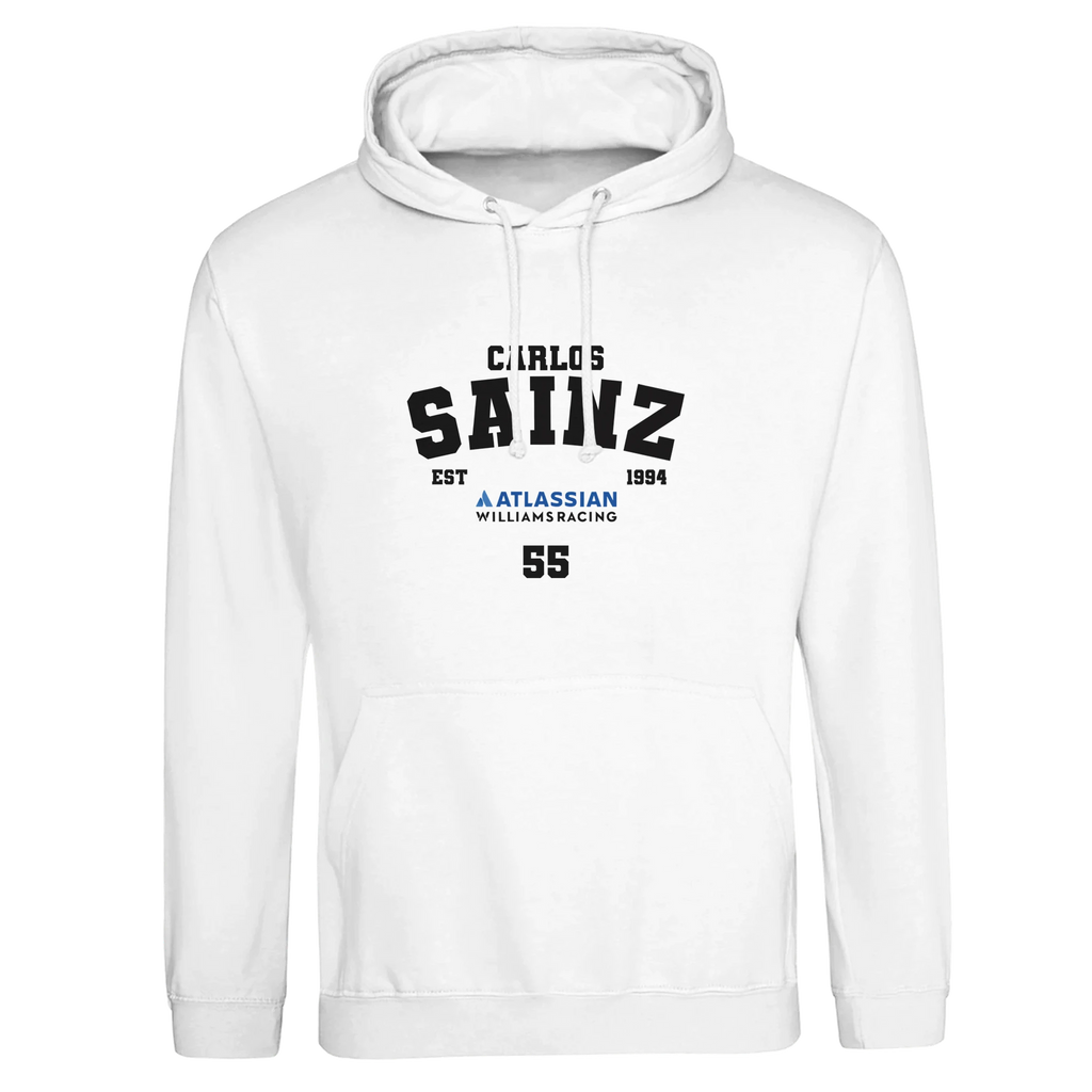 f111 merch arctic-white color hoodie with sainz branding.