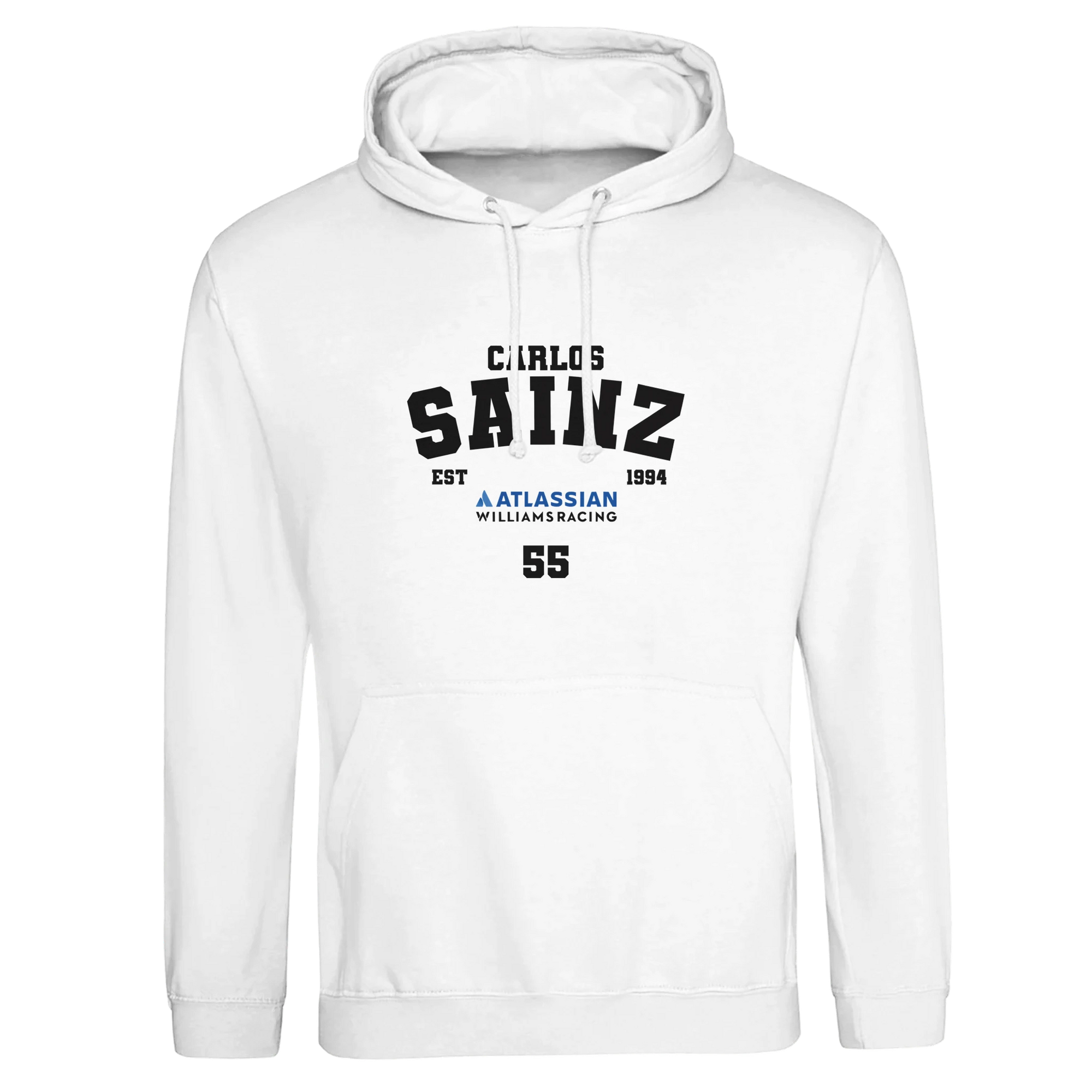 f111 merch arctic-white color hoodie with sainz branding.