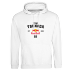f111 merch arctic-white color hoodie with tsunoda branding.