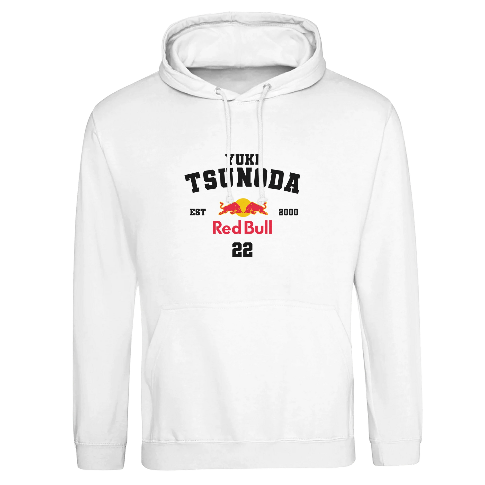 f111 merch arctic-white color hoodie with tsunoda branding.