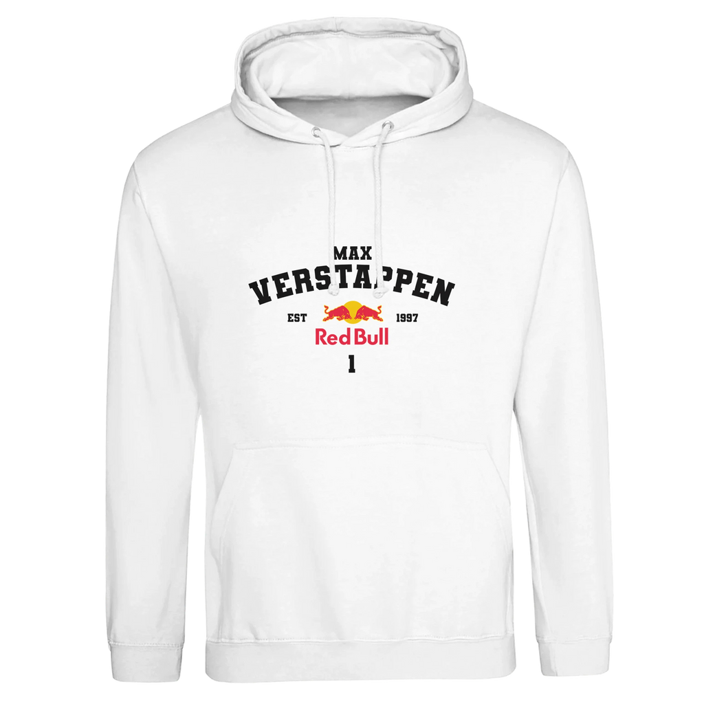 f111 merch arctic-white color hoodie with verstappen branding.