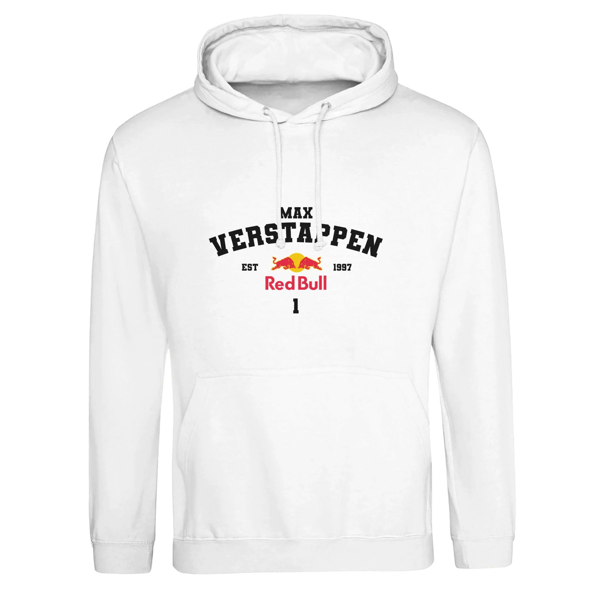 f111 merch arctic-white color hoodie with verstappen branding.