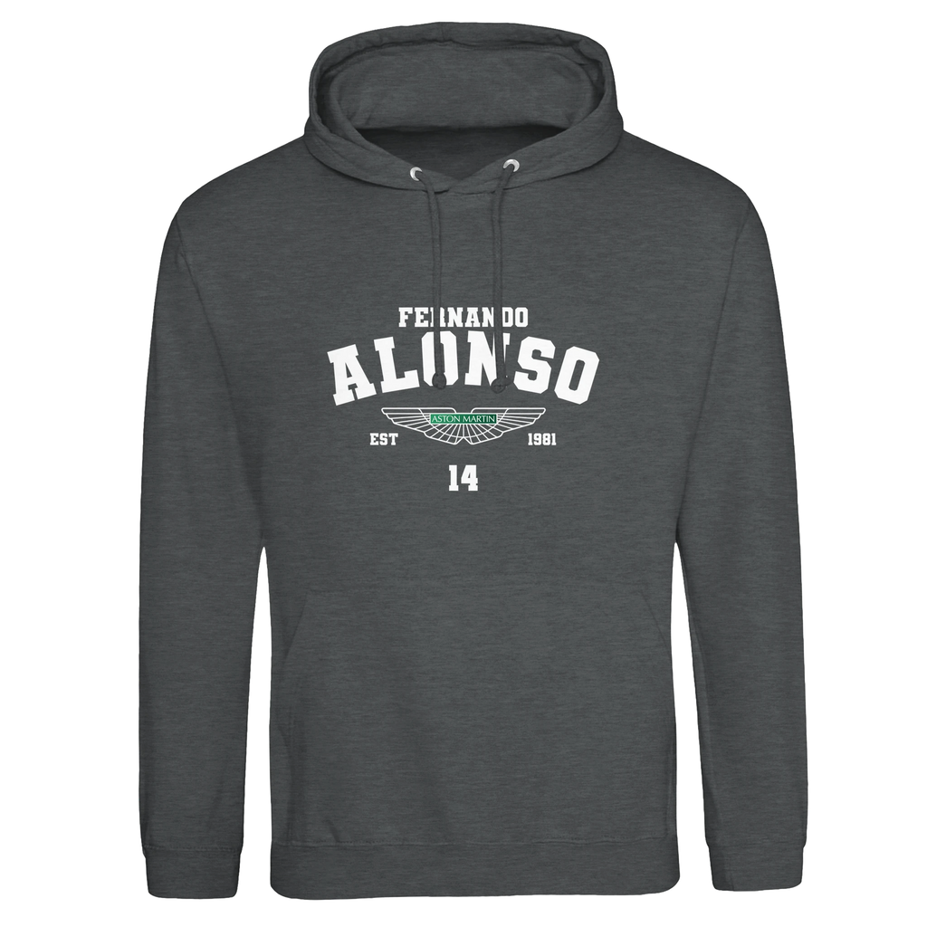 f111 merch charcoal color hoodie with alonso branding.