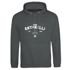 f111 merch charcoal color hoodie with antonelli branding.
