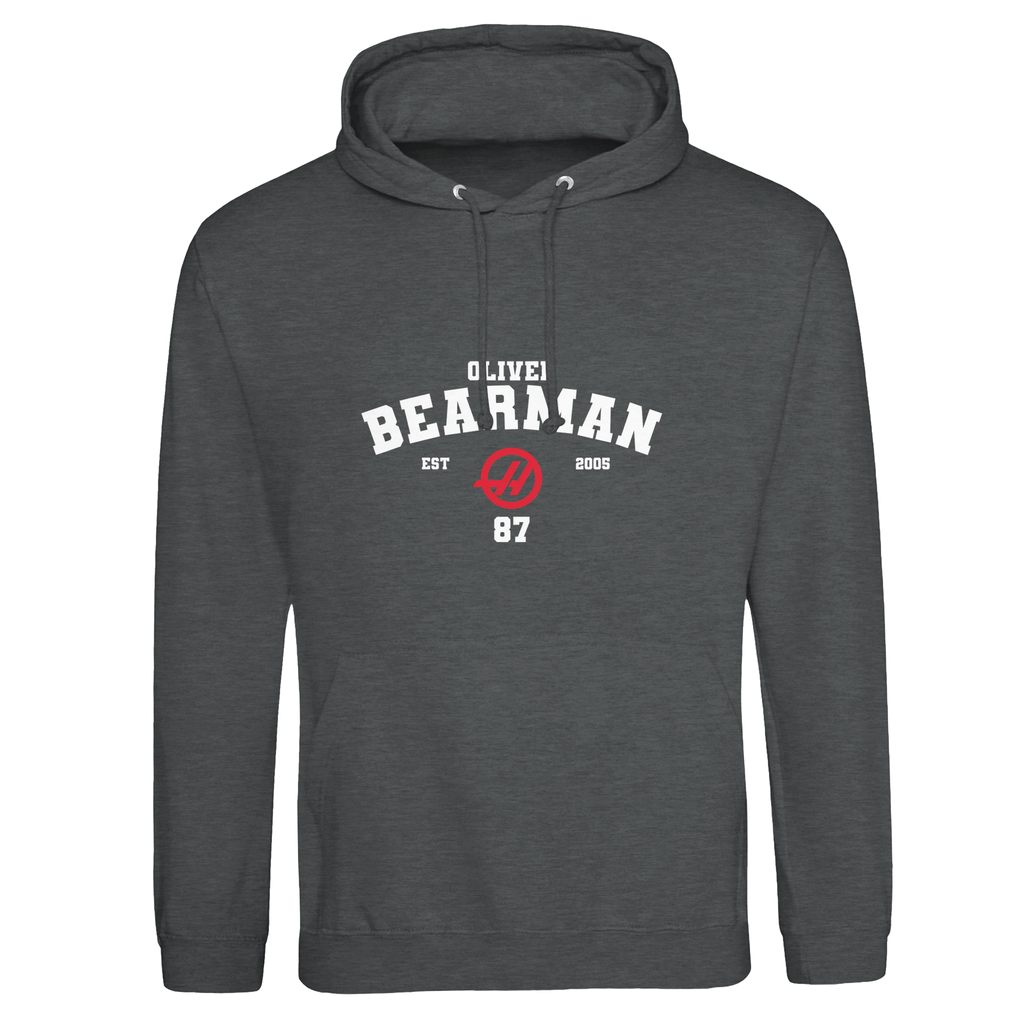 f111 merch charcoal color hoodie with bearman branding.