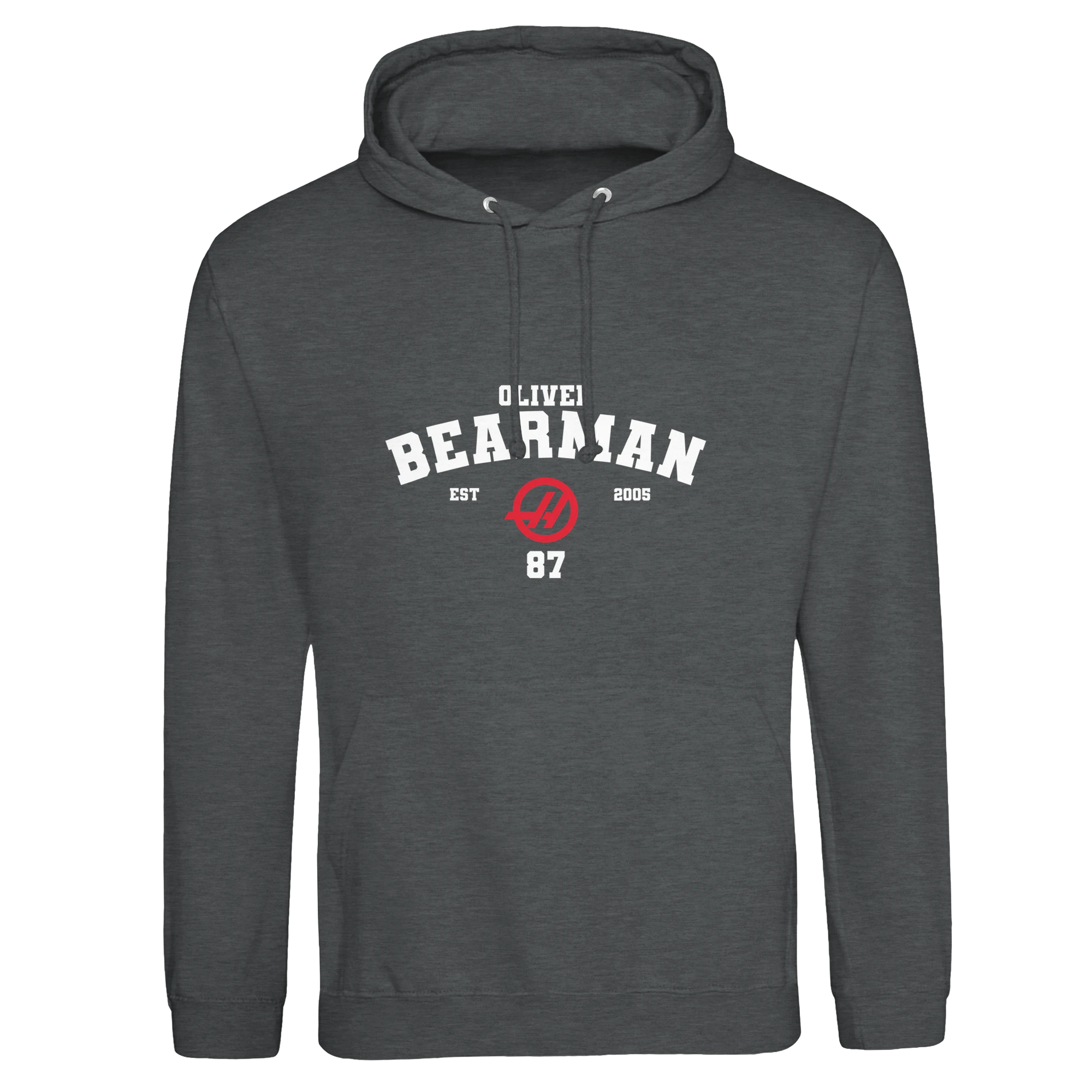 f111 merch charcoal color hoodie with bearman branding.