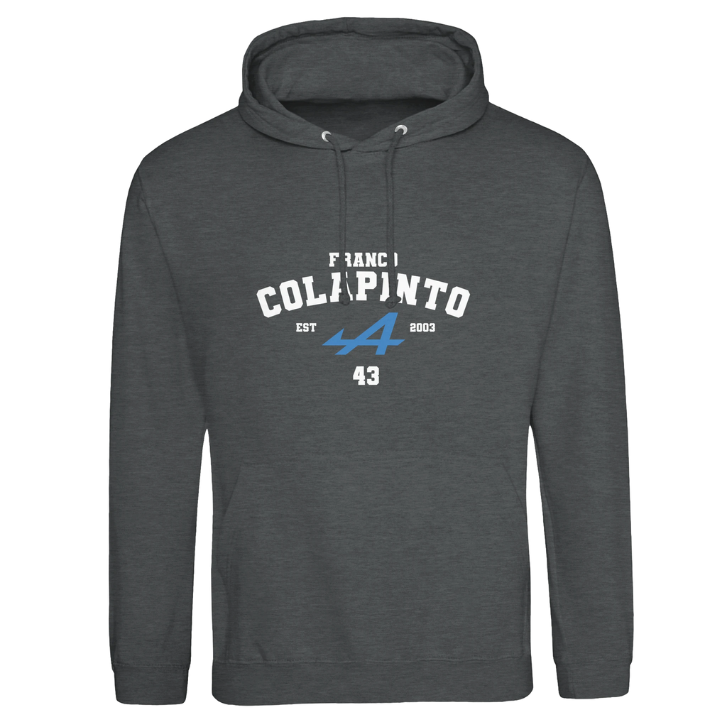 f111 merch charcoal color hoodie with colapinto branding.