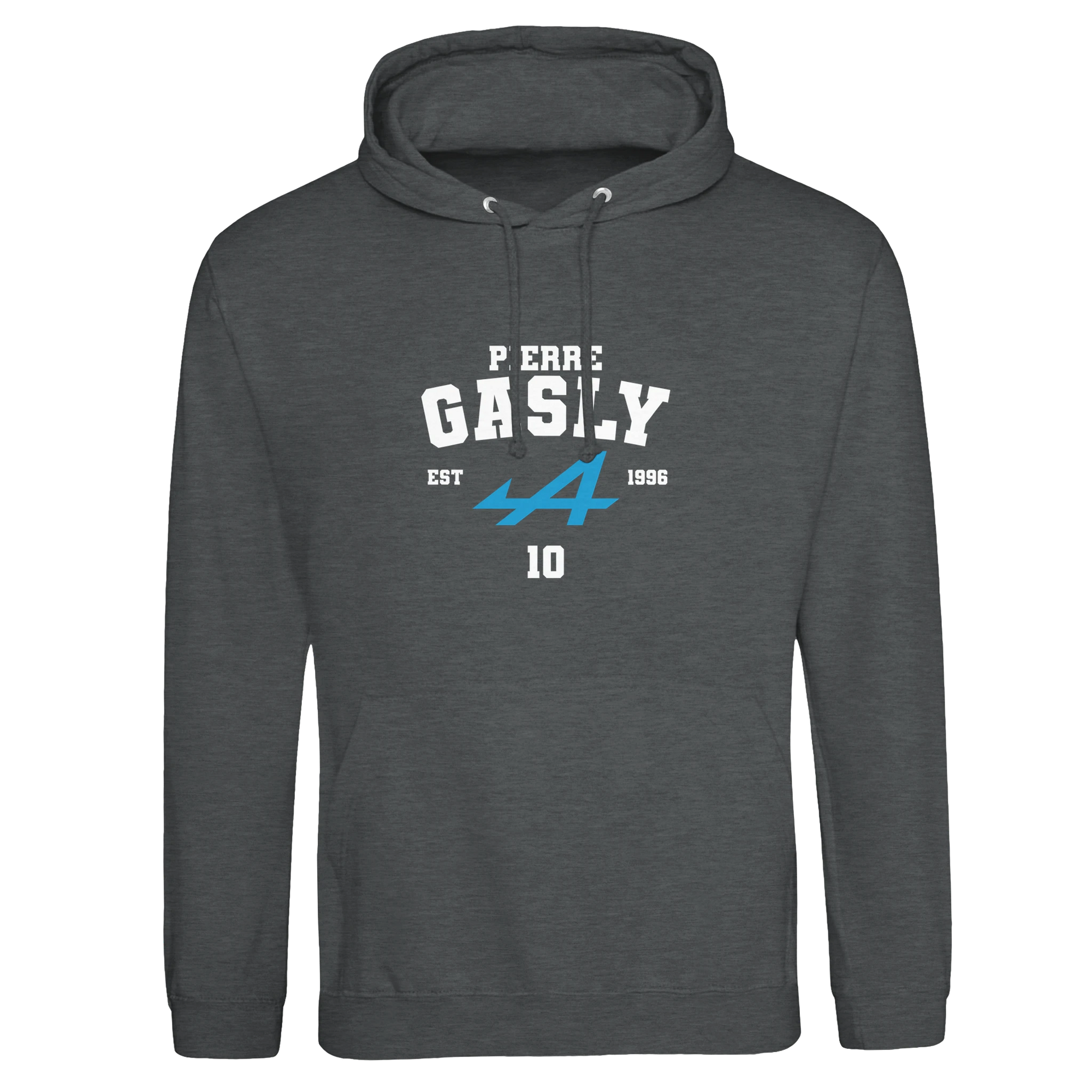 f111 merch charcoal color hoodie with gasly branding.