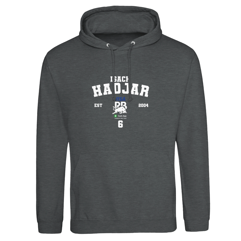 f111 merch charcoal color hoodie with hadjar branding.