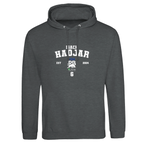 f111 merch charcoal color hoodie with hadjar branding.