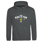 f111 merch charcoal color hoodie with hamilton branding.
