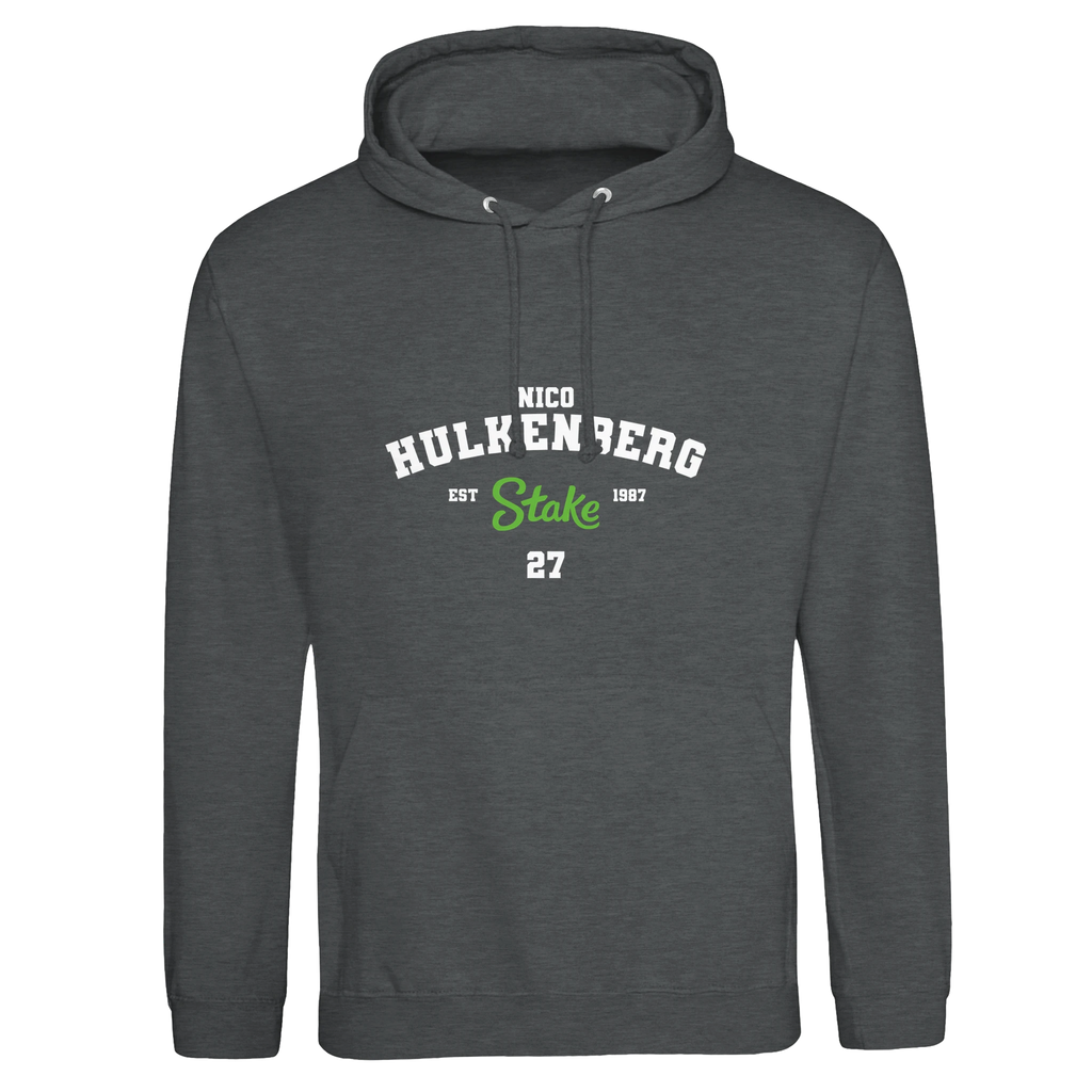f111 merch charcoal color hoodie with hulkenberg branding.