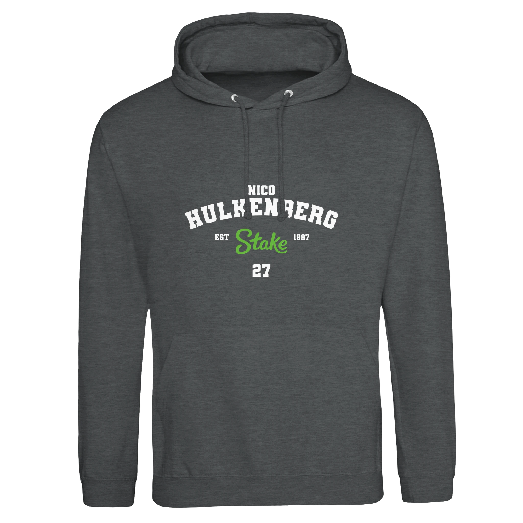 f111 merch charcoal color hoodie with hulkenberg branding.