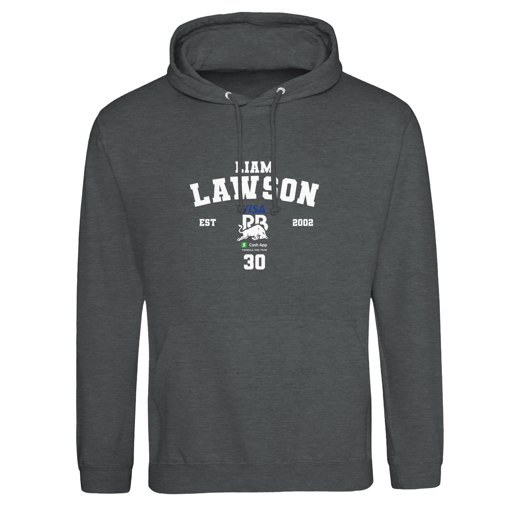 f111 merch charcoal color hoodie with lawson branding.