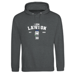 f111 merch charcoal color hoodie with lawson branding.
