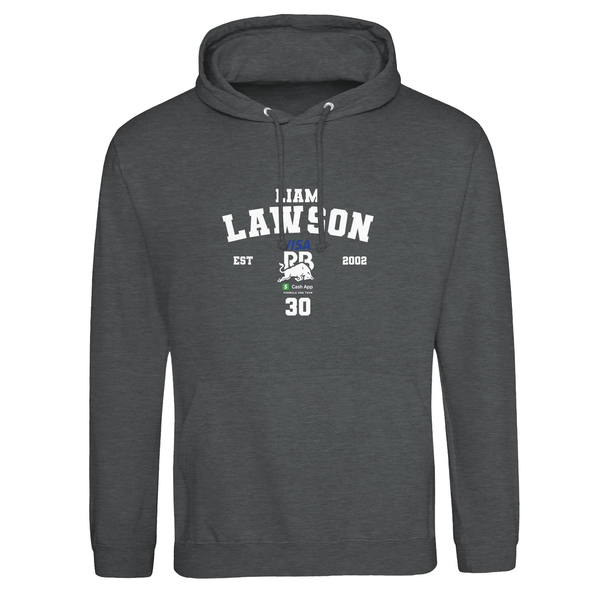 f111 merch charcoal color hoodie with lawson branding.