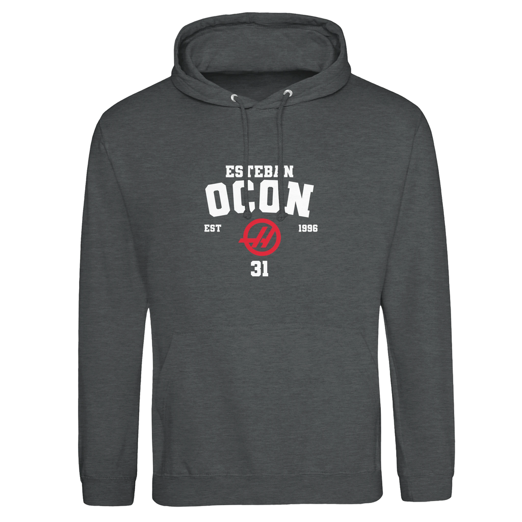 f111 merch charcoal color hoodie with ocon branding.