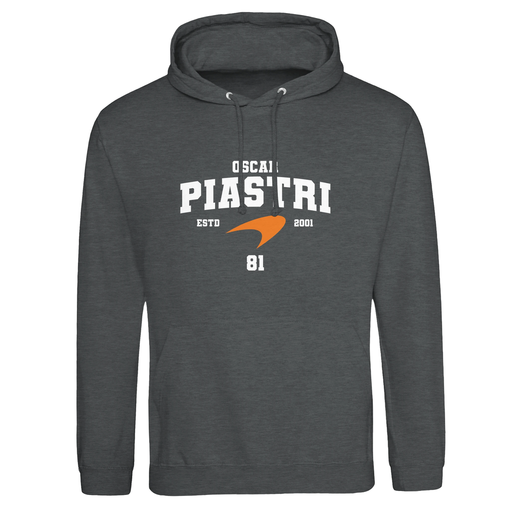 f111 merch charcoal color hoodie with piastri branding.