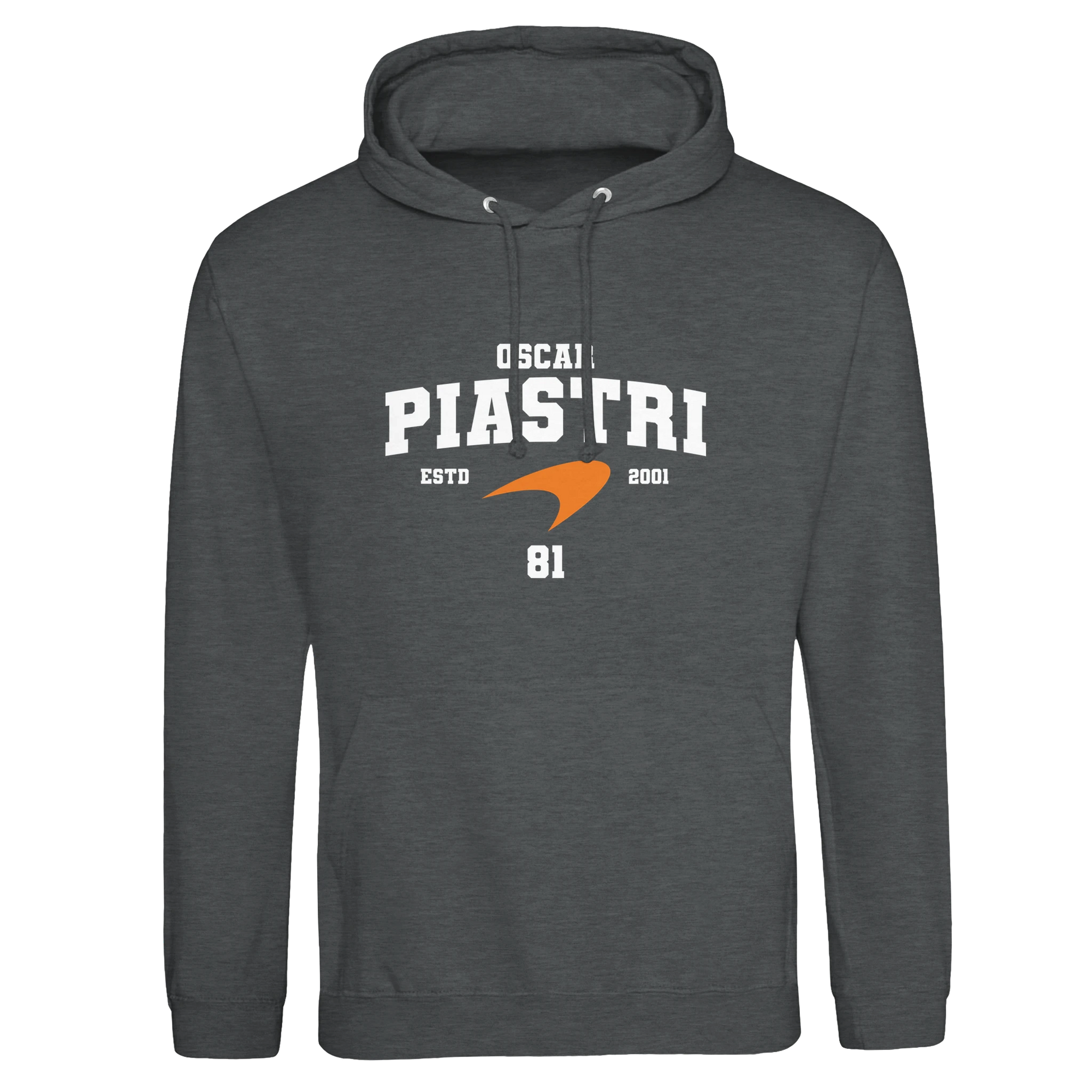 f111 merch charcoal color hoodie with piastri branding.