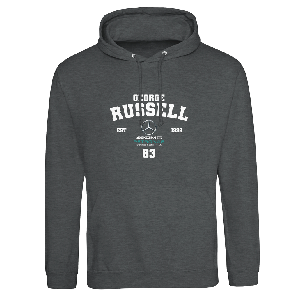 f111 merch charcoal color hoodie with russell branding.