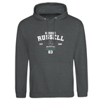 f111 merch charcoal color hoodie with russell branding.