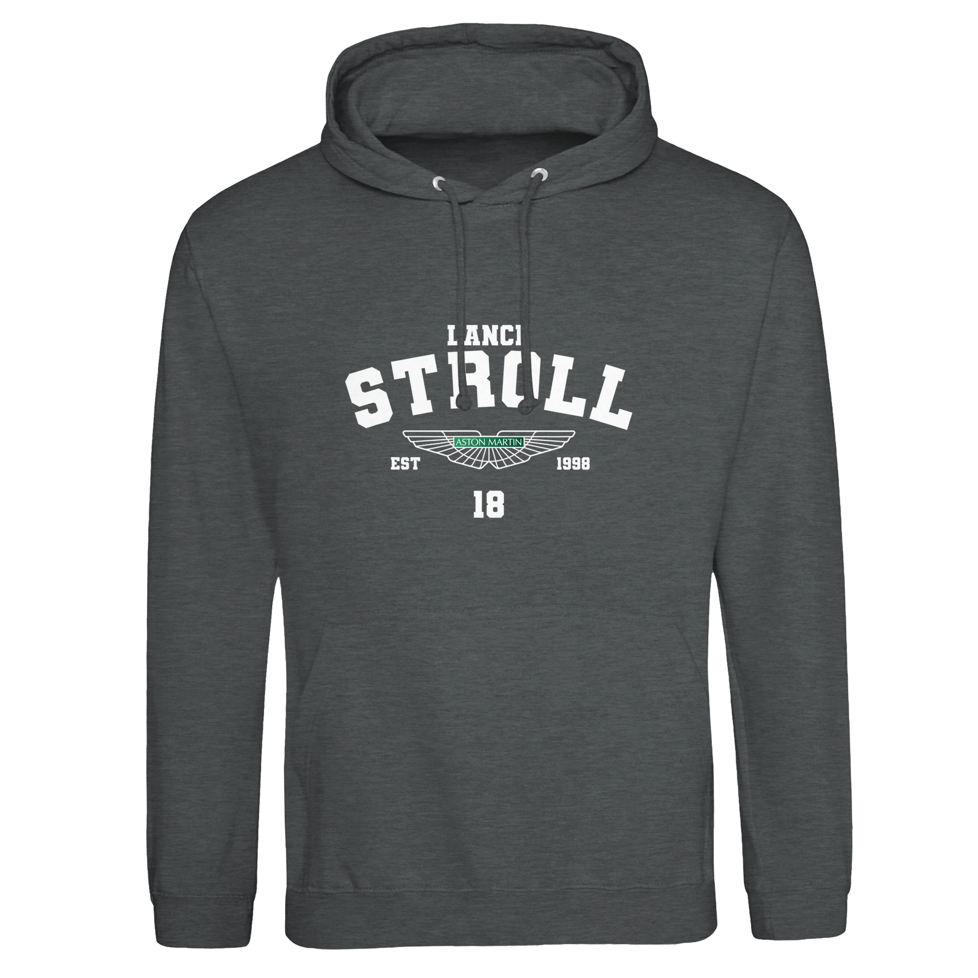 f111 merch charcoal color hoodie with stroll branding.