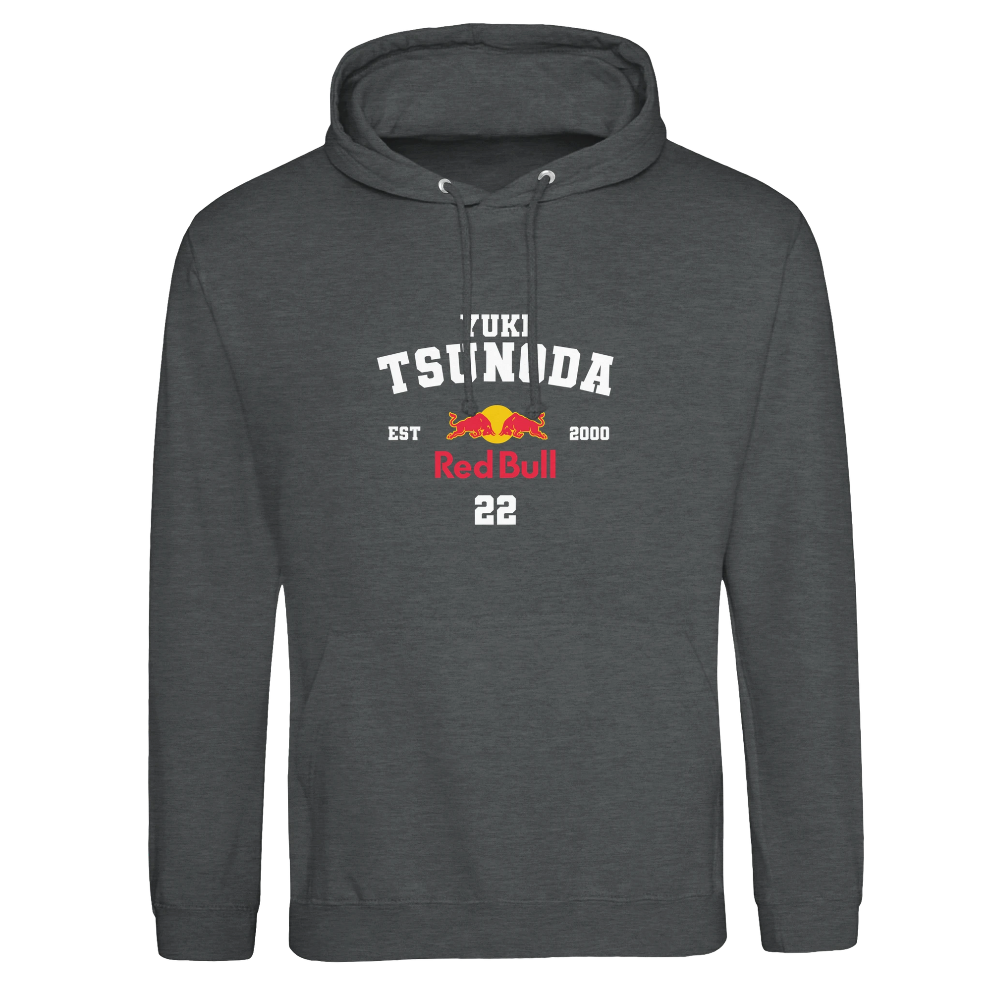 f111 merch charcoal color hoodie with tsunoda branding.