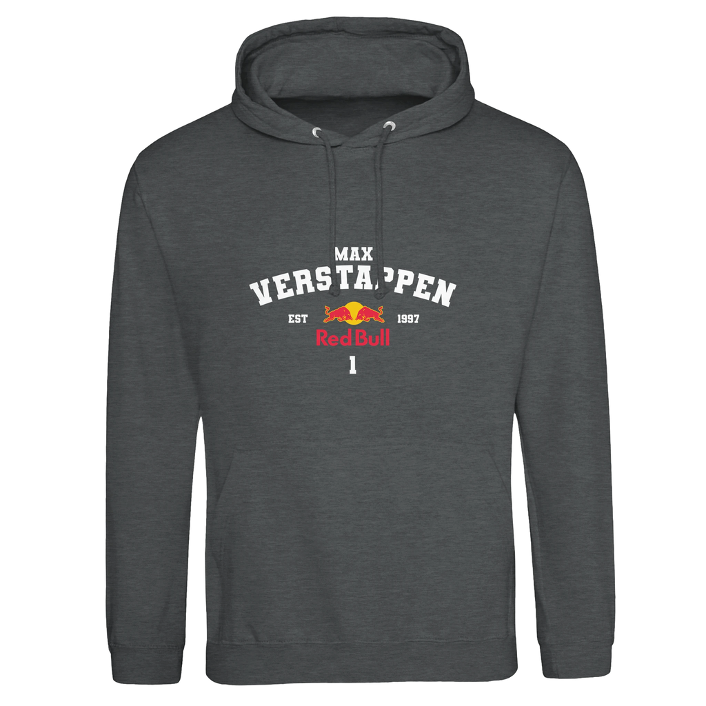 f111 merch charcoal color hoodie with verstappen branding.