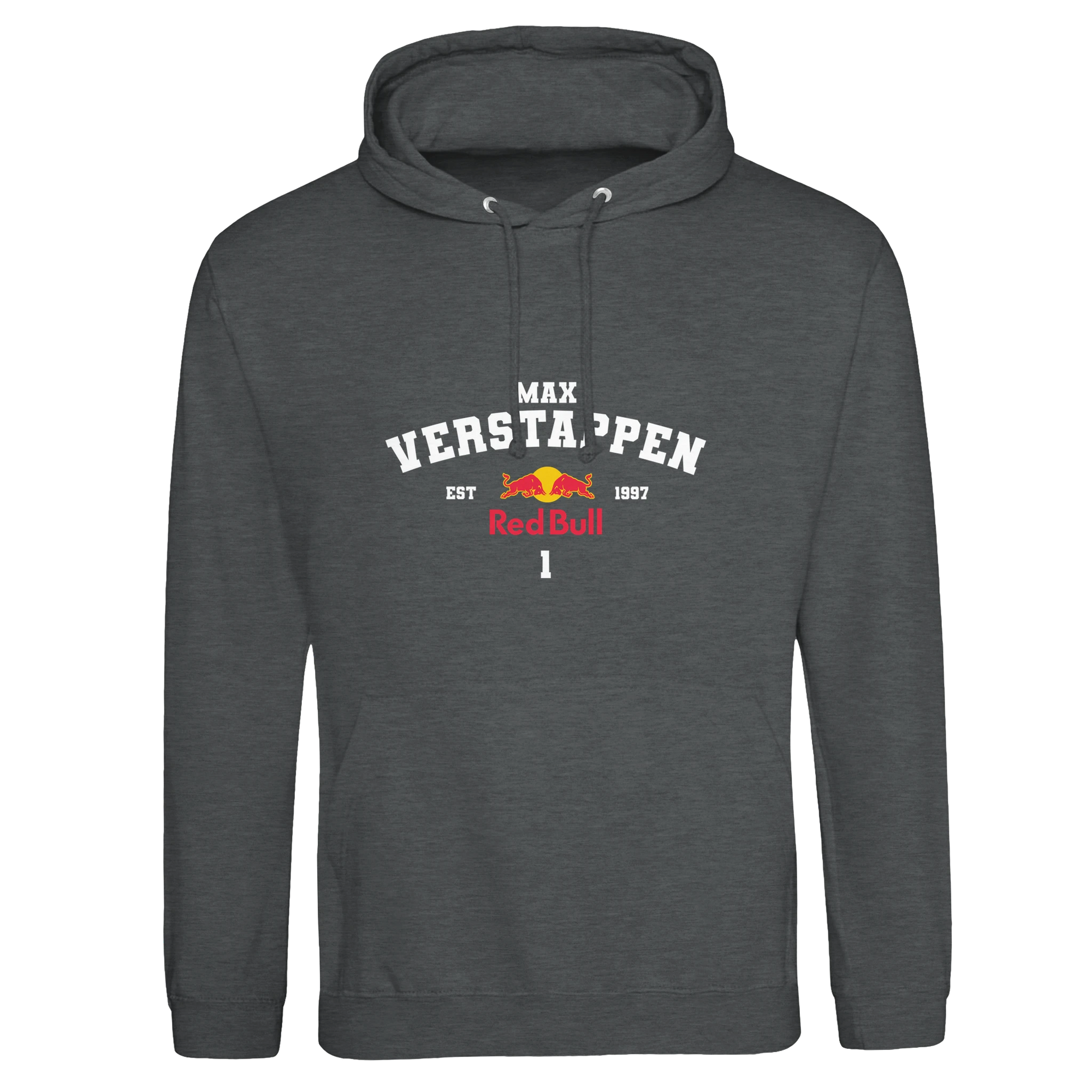 f111 merch charcoal color hoodie with verstappen branding.