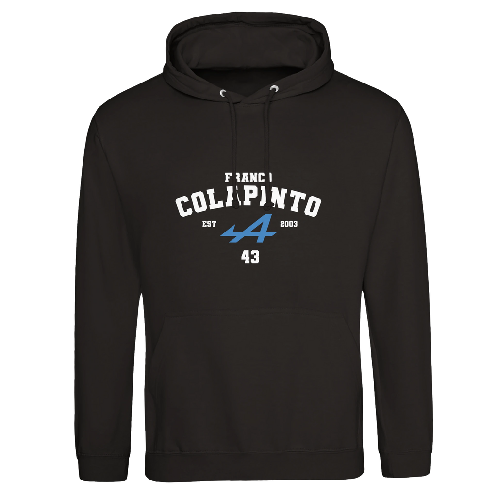 f111 merch deep-black color hoodie with colapinto branding.