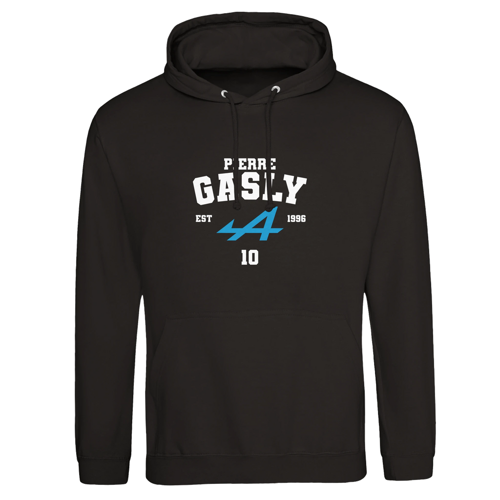 f111 merch deep-black color hoodie with gasly branding.