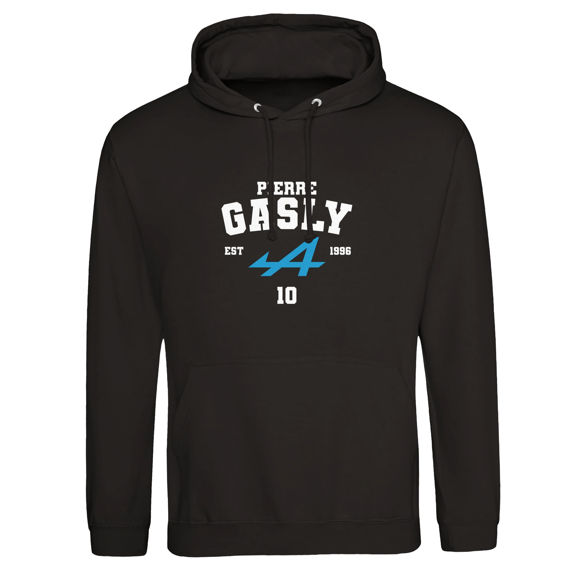 f111 merch deep-black color hoodie with gasly branding.