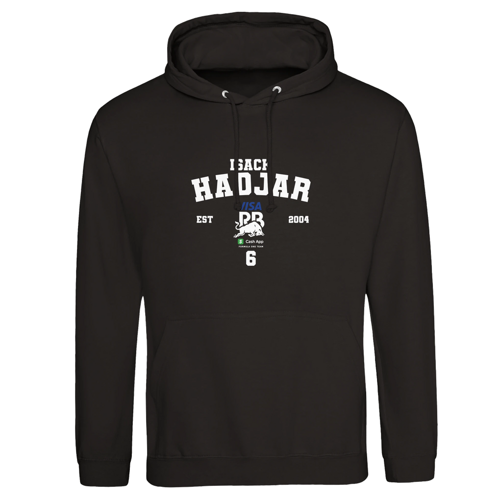 f111 merch deep-black color hoodie with hadjar branding.