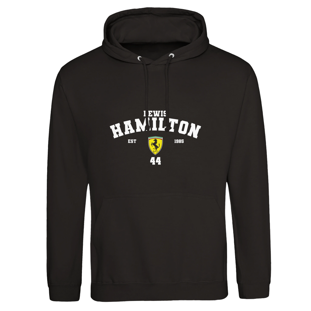 f111 merch deep-black color hoodie with hamilton branding.