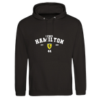 f111 merch deep-black color hoodie with hamilton branding.