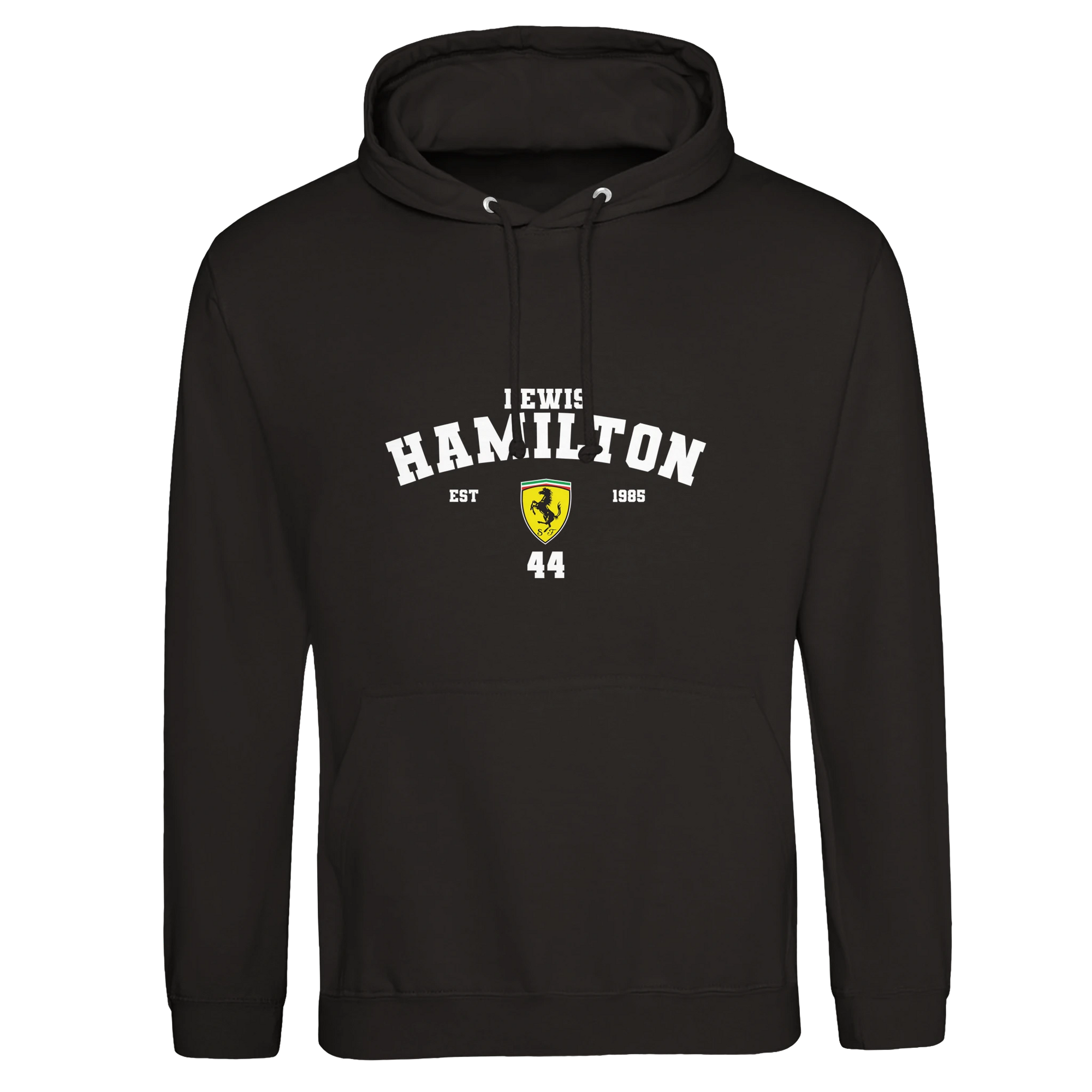 f111 merch deep-black color hoodie with hamilton branding.