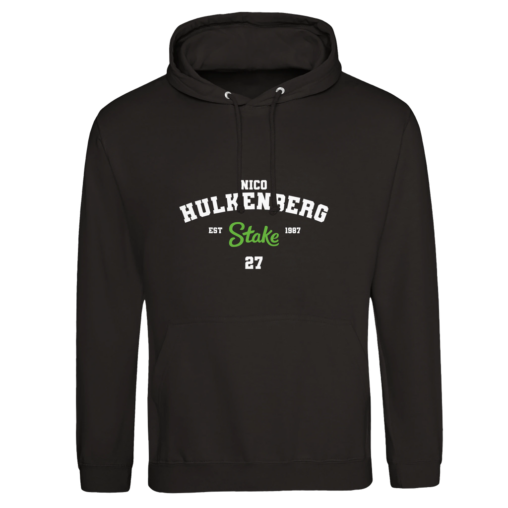 f111 merch deep-black color hoodie with hulkenberg branding.