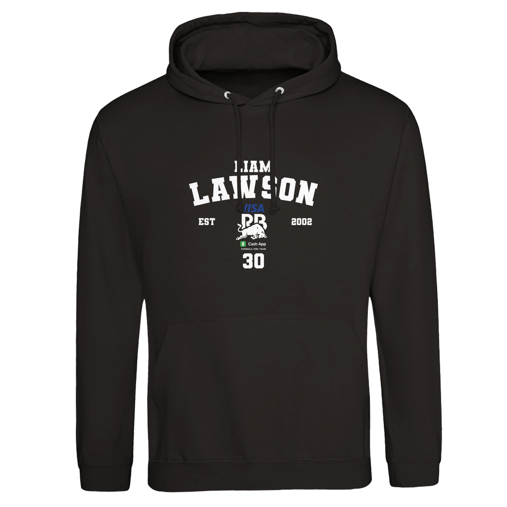 f111 merch deep-black color hoodie with lawson branding.