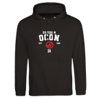 f111 merch deep-black color hoodie with ocon branding.
