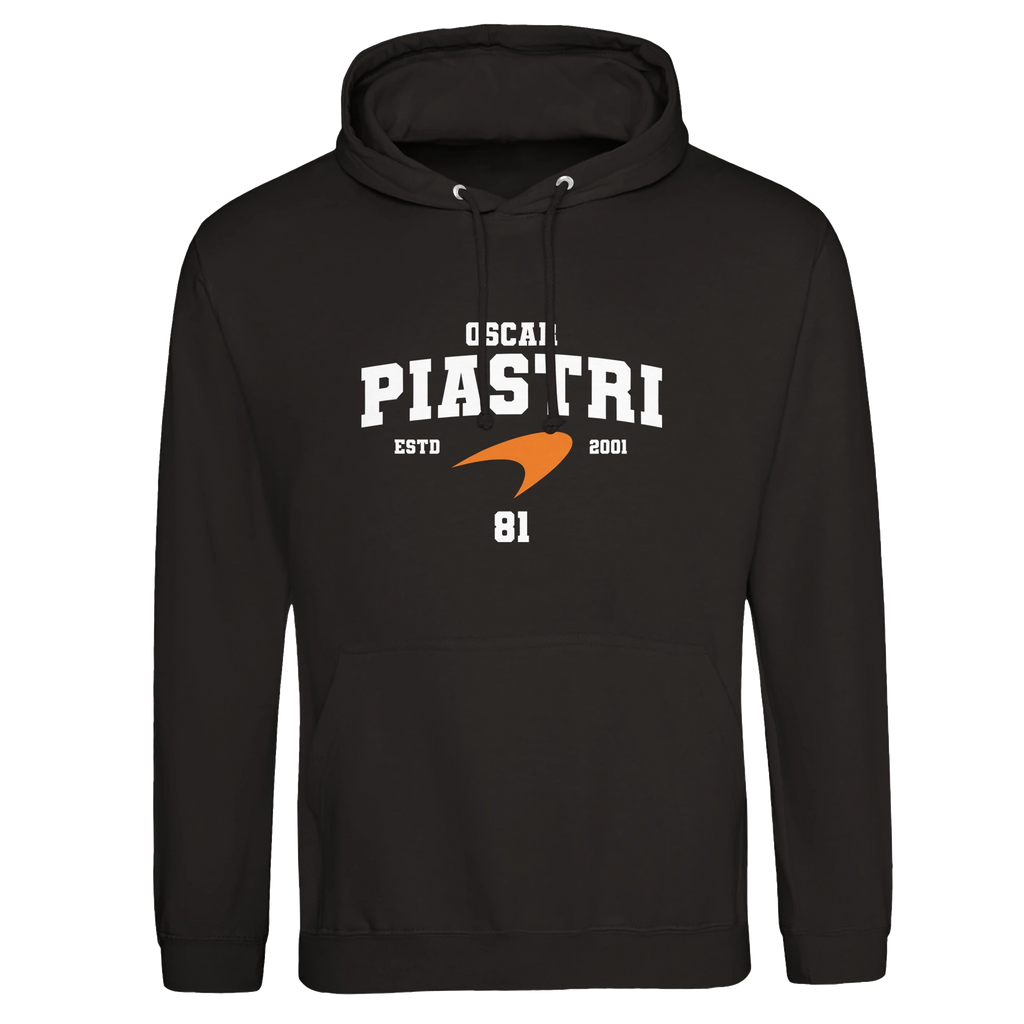 f111 merch deep-black color hoodie with piastri branding.