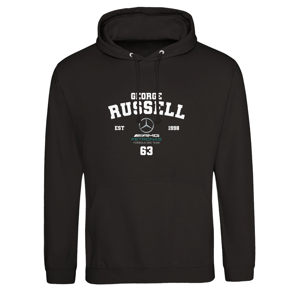f111 merch deep-black color hoodie with russell branding.